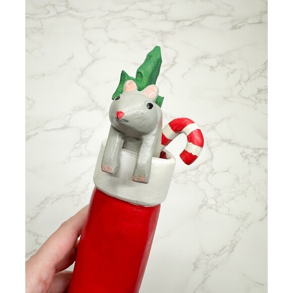Vintage Handmade Stocking Mouse Candy Cane Wooden Sculpture Figurine Mistletoe - Picture 2 of 8